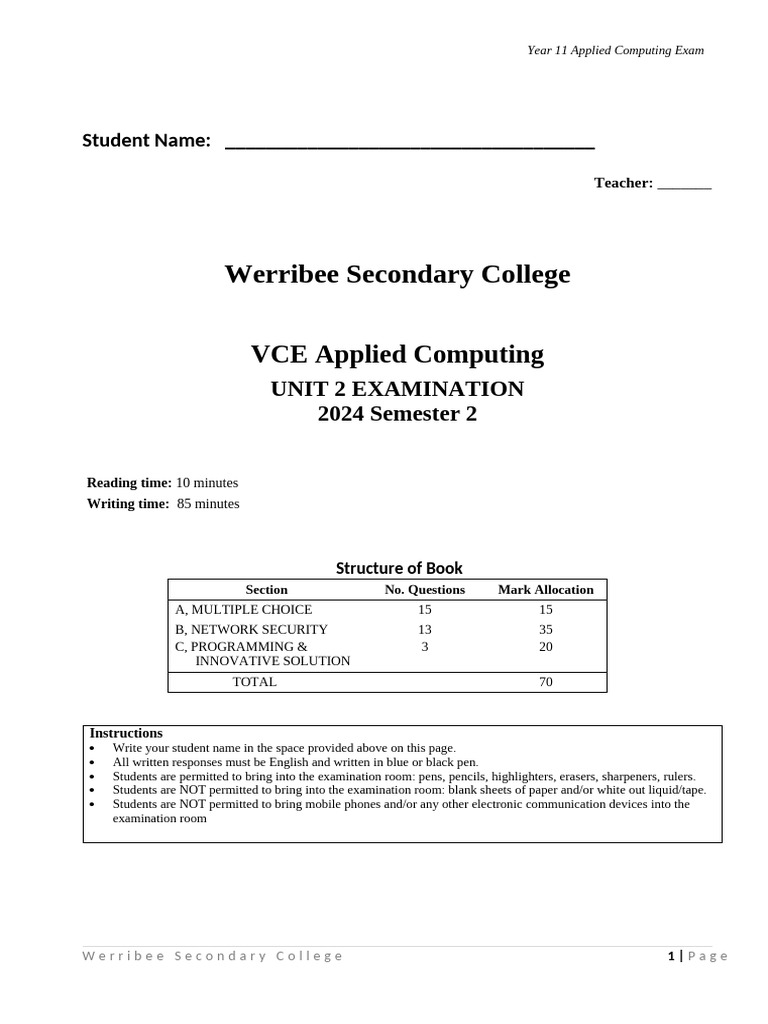 Year 11 Applied Computing Exam 2024 | PDF | Ieee 802.11 | Computer Network