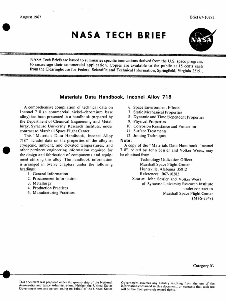 Nasa Tech Brief - : Materials Data Handbook, Inconel Alloy 718 | PDF ...