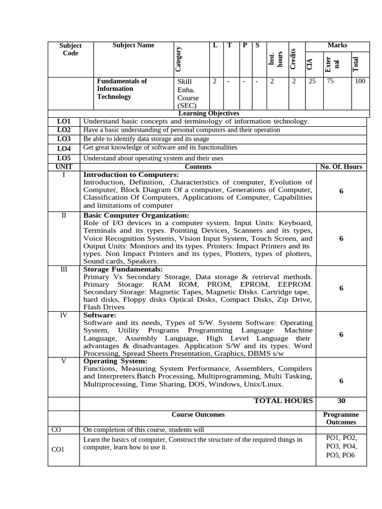 Fundamentals of Information Technology Course | PDF | Computer Data ...