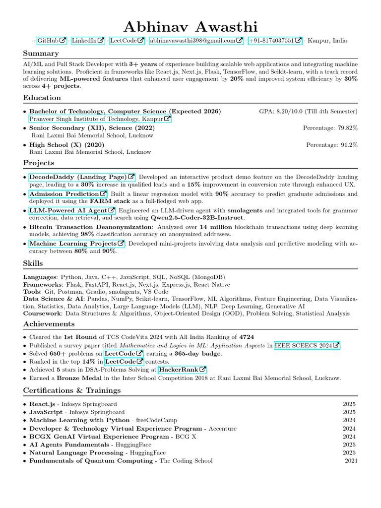 AI/ML Full Stack Developer Resume | PDF | Artificial Intelligence ...
