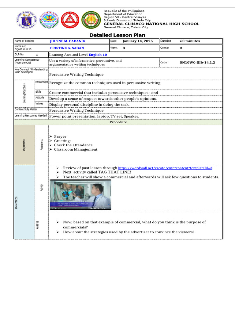 Persuasive Writing Lesson Plan for English 10 | PDF | Teachers | Human ...