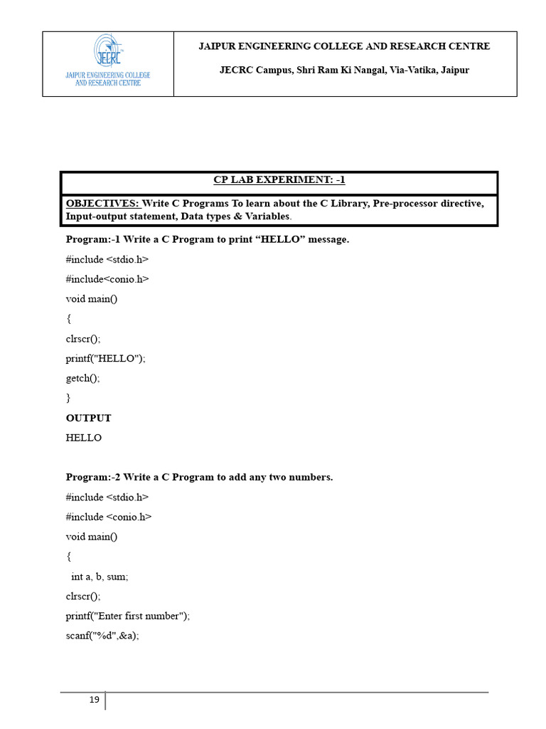 C Programming Lab Experiments Guide | PDF | Pointer (Computer ...
