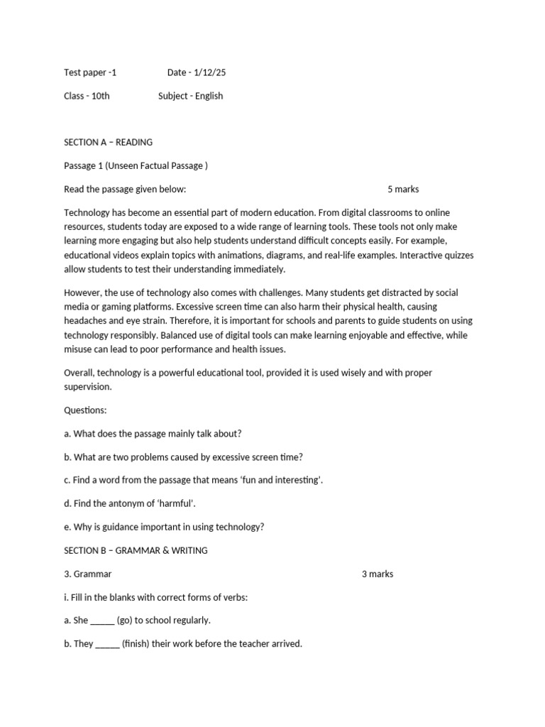 Test Paper -1-WPS Office English | PDF | Human Communication | Cognition