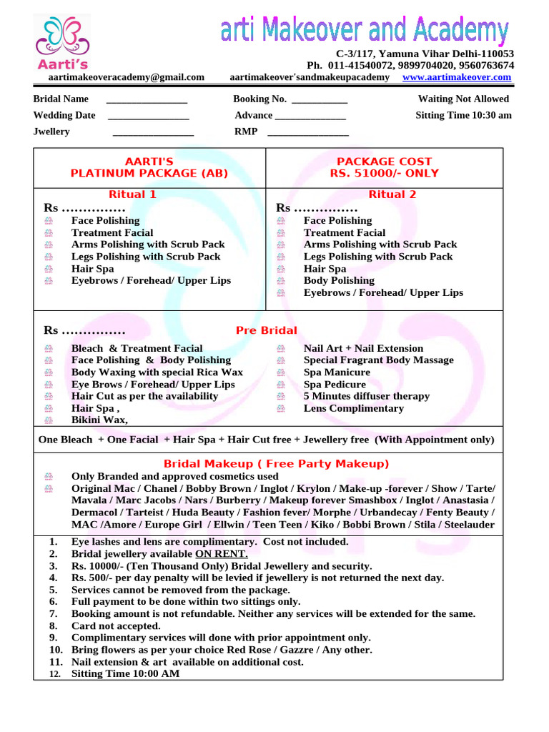 Aarti Beauty Parlor- package Nov. 2020 | PDF | Cosmetics | Eyebrow
