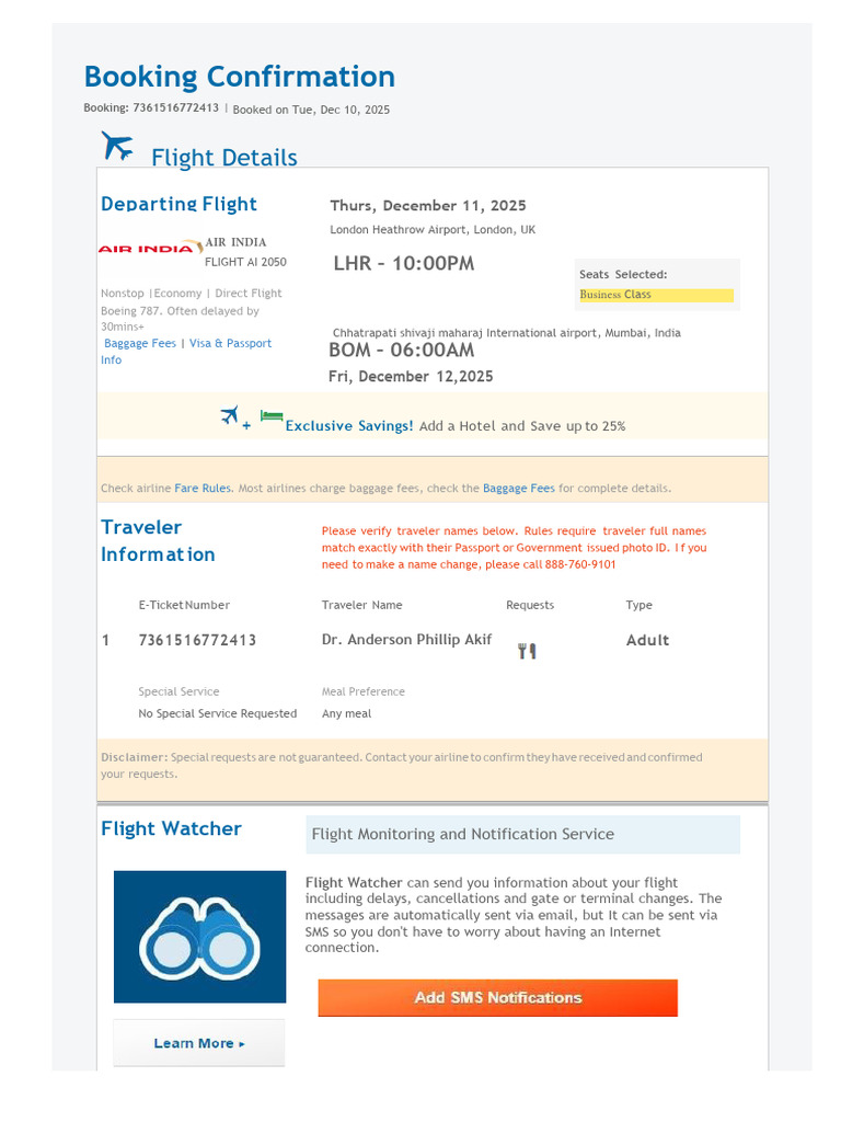 Flight Booking Confirmation - AI 2050 | PDF | Aviation