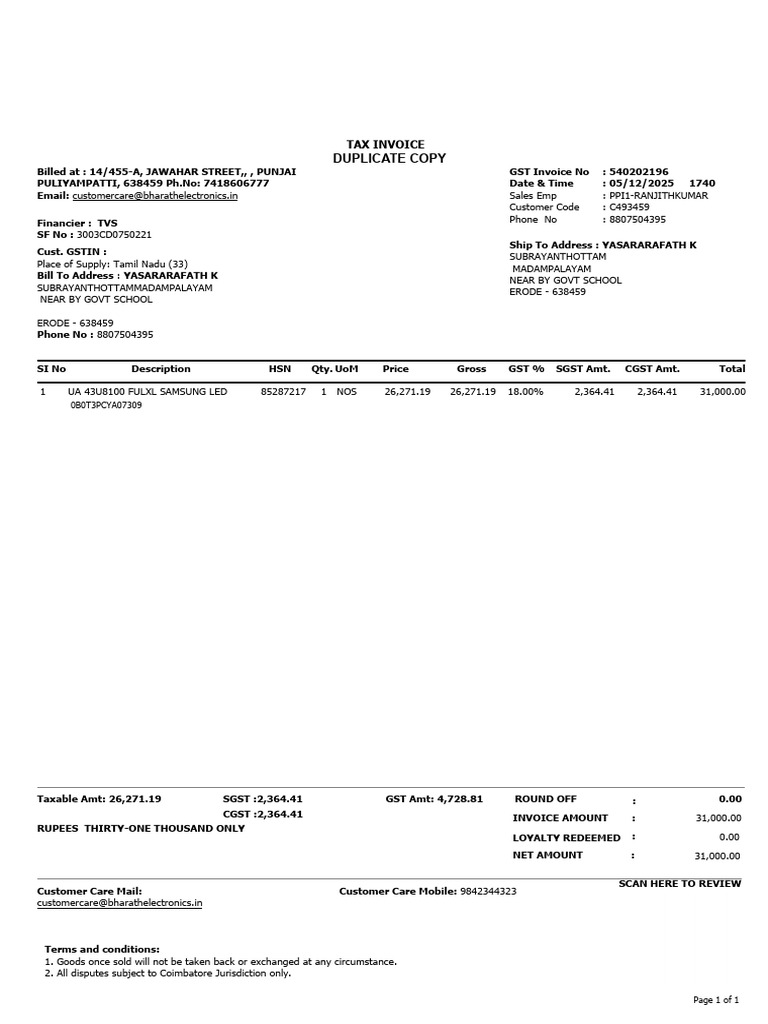 Tax Invoice for Samsung LED Purchase | PDF | Trade | Sales