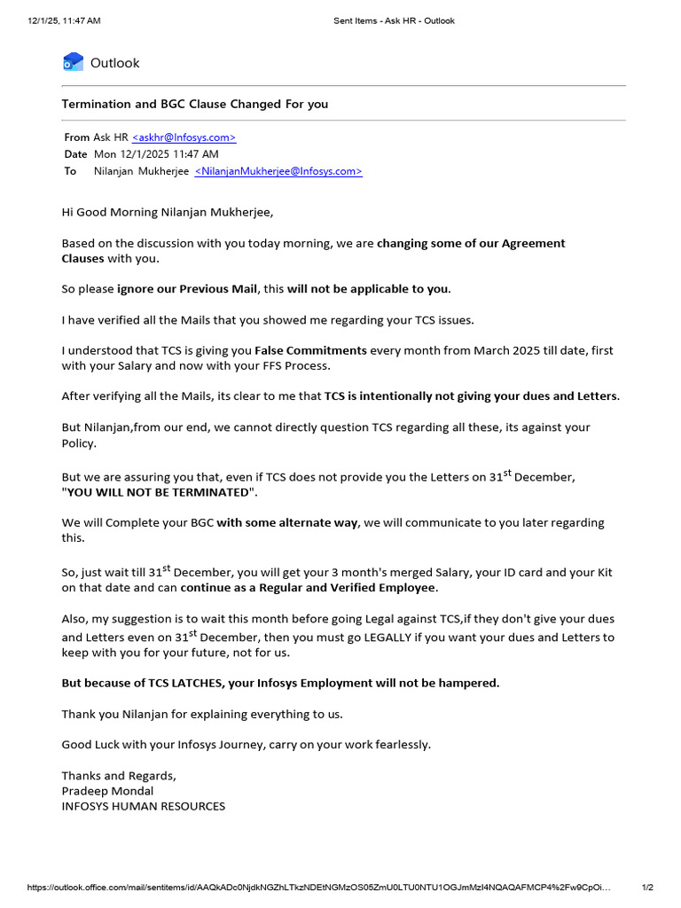 Infosys HR Update on Termination Clause | PDF