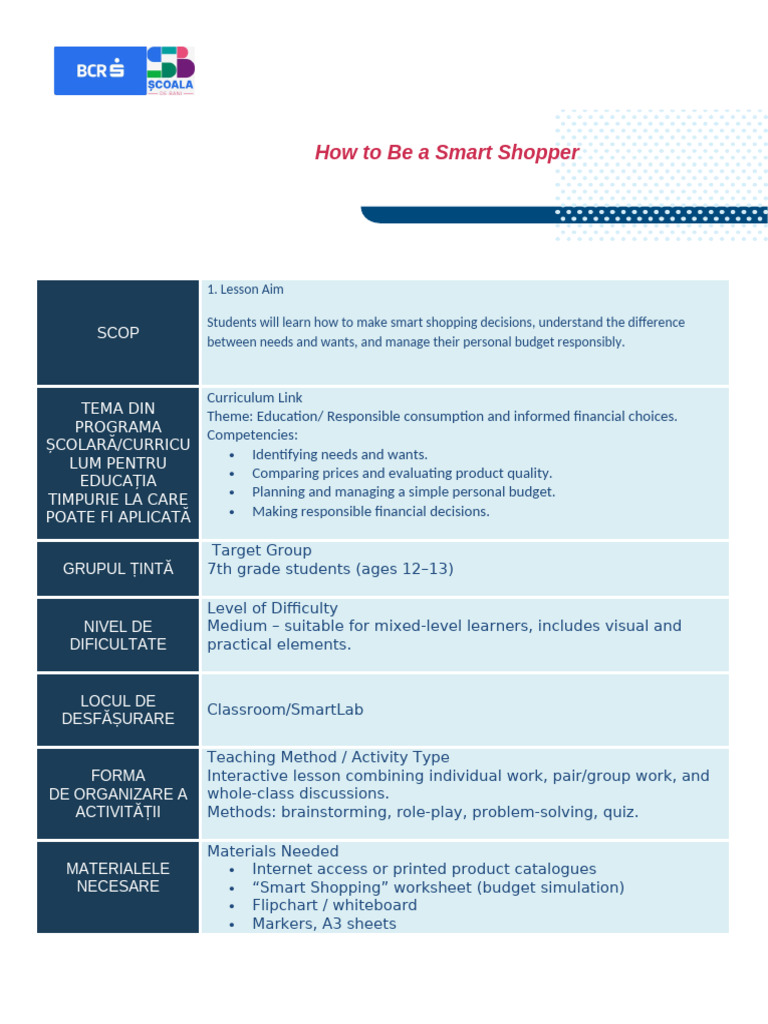 Smart Shopping Lesson for 7th Graders | PDF | Learning | Human ...