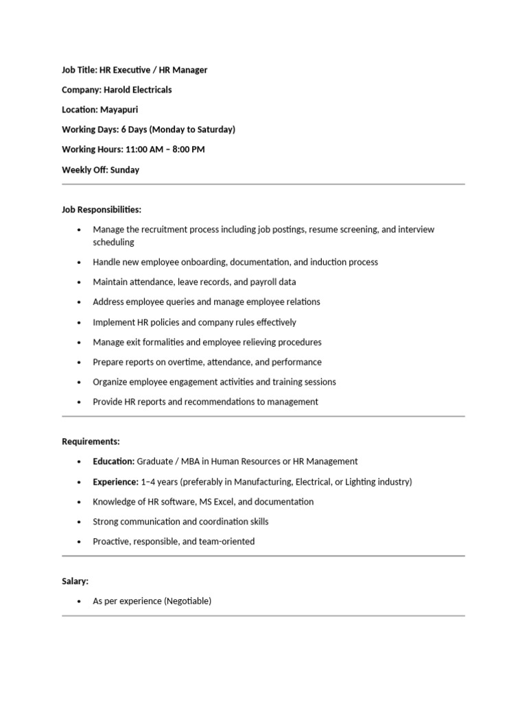 HR Executive/Manager Job at Harold Electricals | PDF