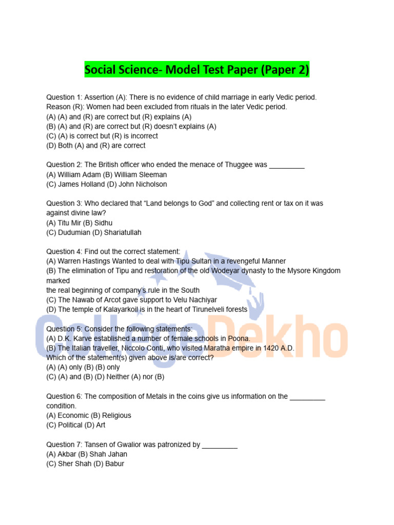 Social Science Model Test Paper Paper 2 | PDF