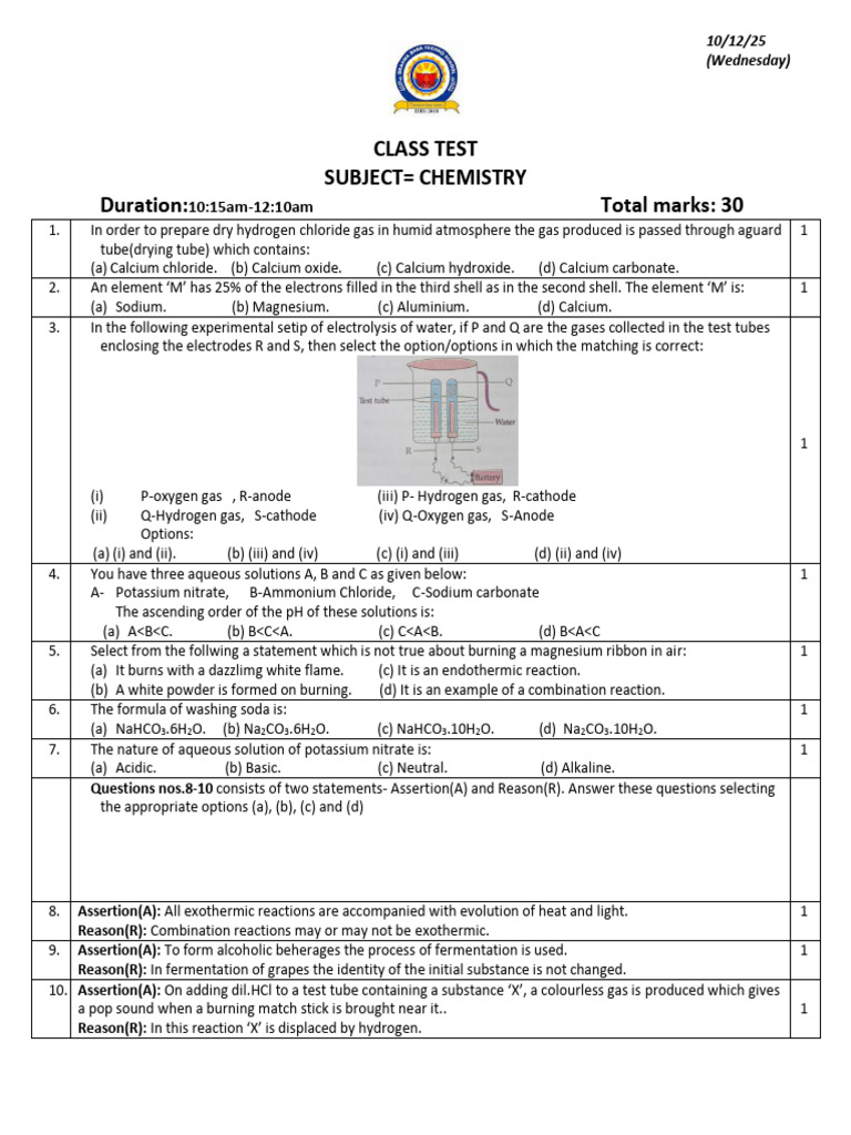 Chemistry Class Test Questions and Answers | PDF | Calcium | Chloride