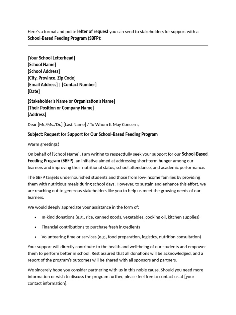 Request for Support: School Feeding Program | PDF