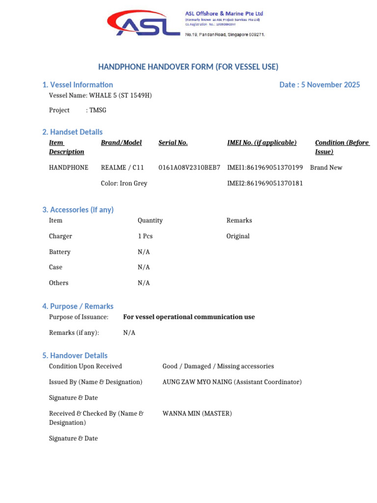 Vessel Handphone Handover Form | PDF