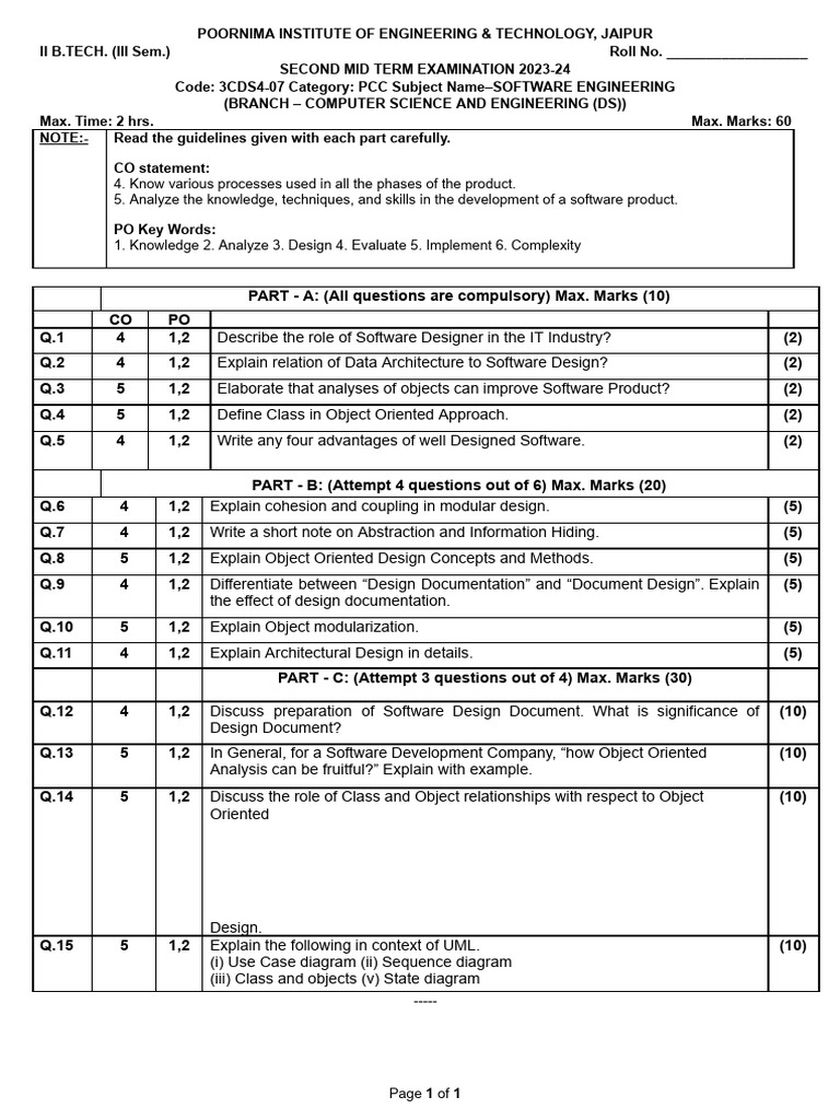 Software Engineering Midterm Exam 2023-24 | PDF | Use Case | Software ...