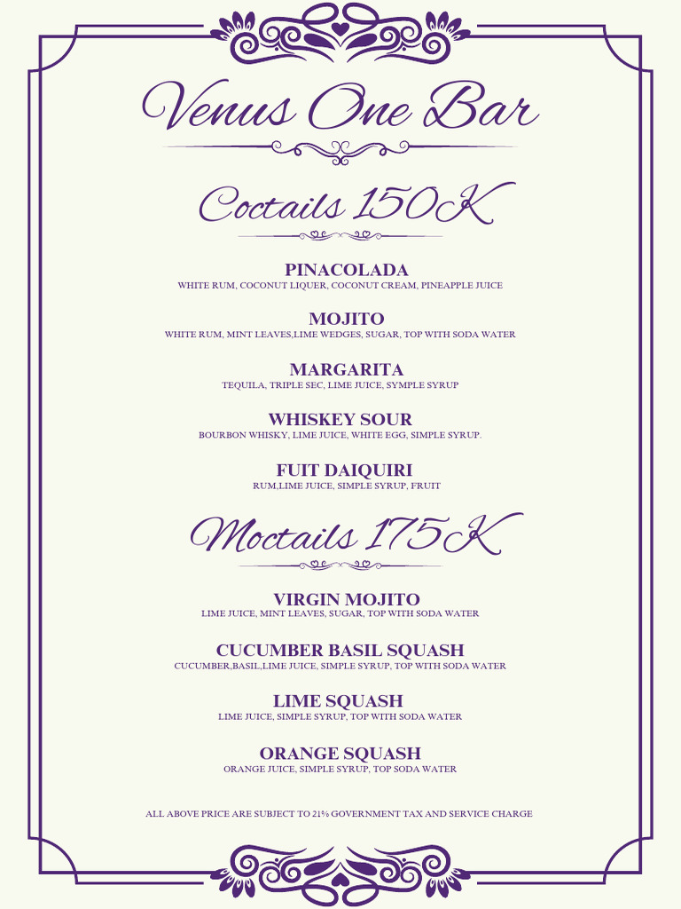 Venus One Bar Drink Menu | PDF
