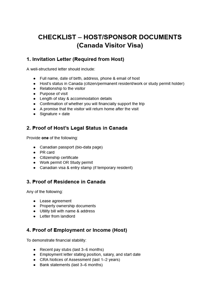 Canada Visitor Visa Host Checklist | PDF | Travel Visa | Human Migration