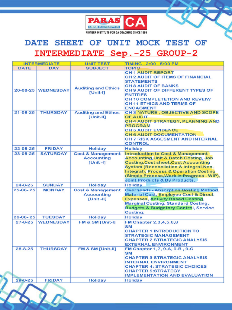 CA Inter Date Sheet Sep 2025 G2 | PDF