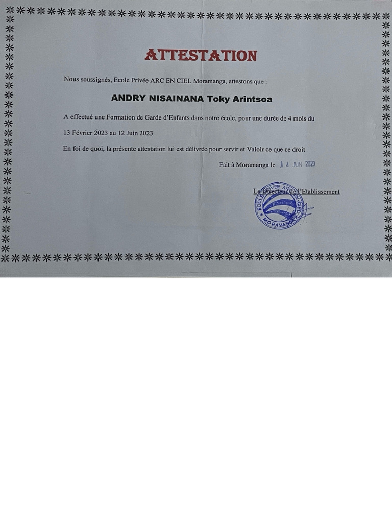 Attestation Toky Arintsoa | PDF