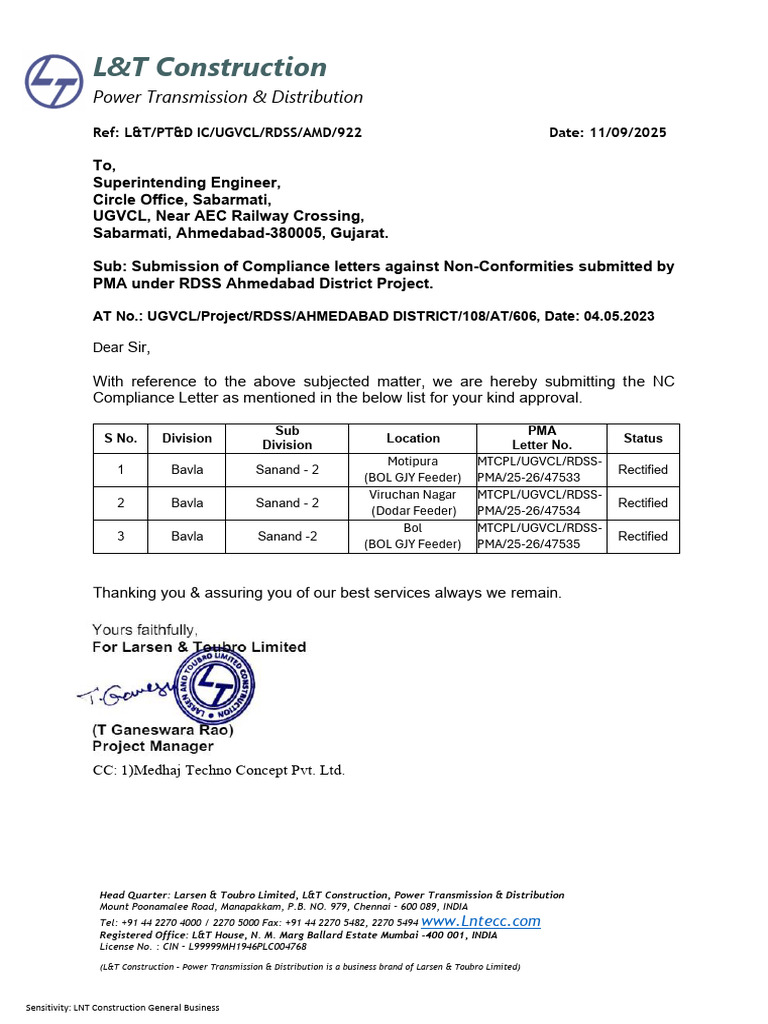 L&T Compliance Report for RDSS Project | PDF