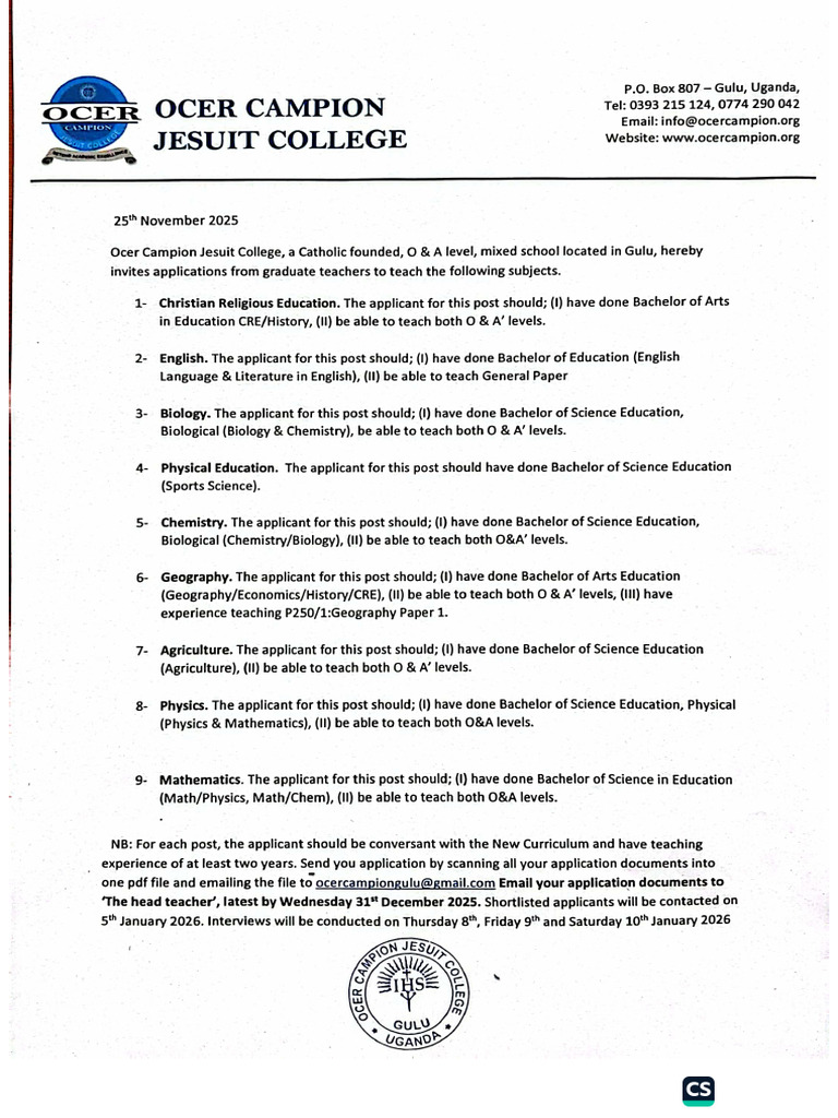 Apply To Teach at Ocer Campion Jesuit College | PDF