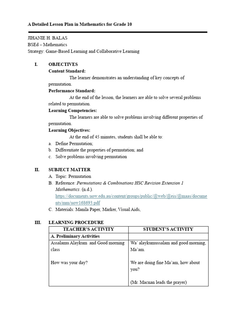 Grade 10 Mathematics Lesson Plan: Permutations | PDF | Permutation ...