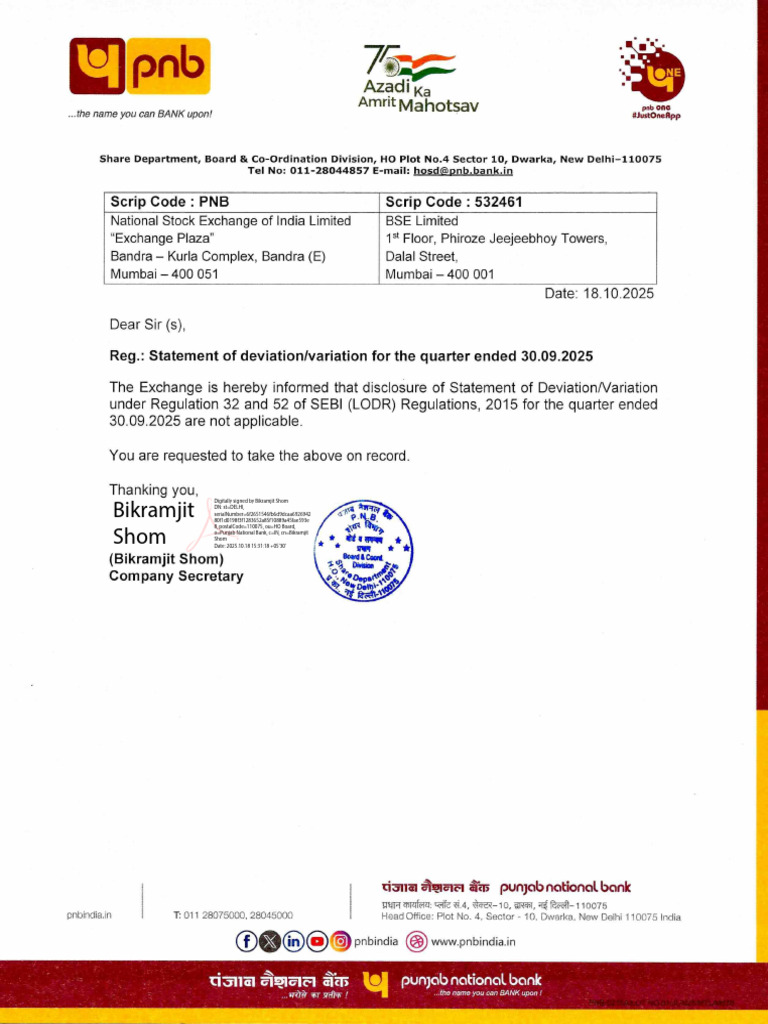 Intimation Statement of Deviation 18102025 DS | PDF