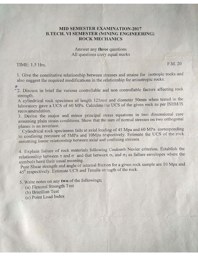Rock Mechanics Old Question Paper | PDF