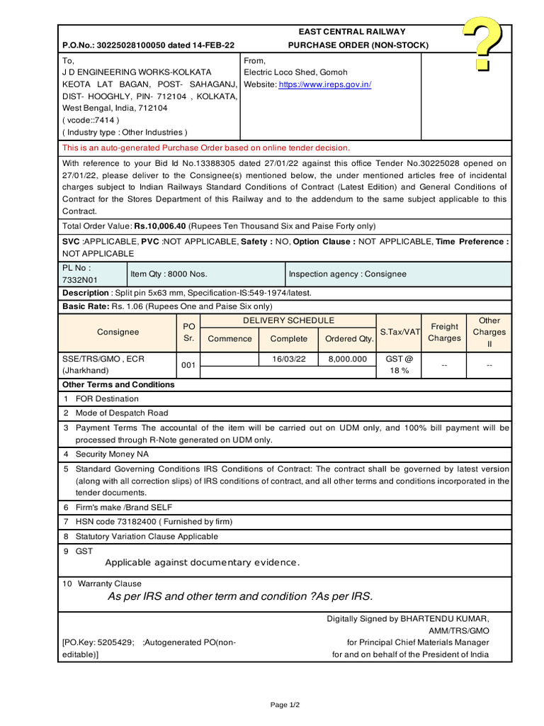 This Is An Auto-Generated Purchase Order Based On Online Tender ...