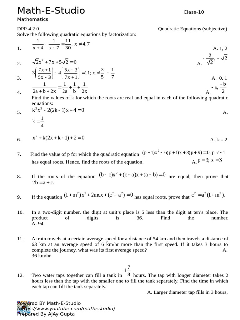 Class 10 Quadratic Equations Practice | PDF | Quadratic Equation | Numbers