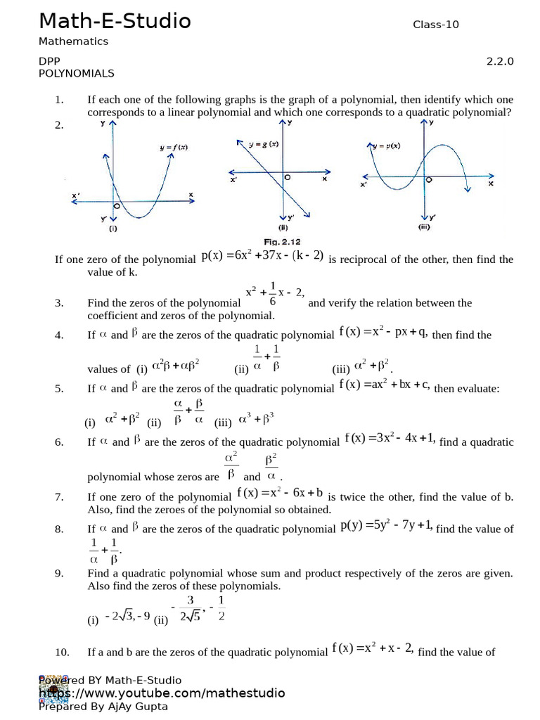 DPP 2.2.0 Class 10 Maths | PDF | Polynomial | Quadratic Equation