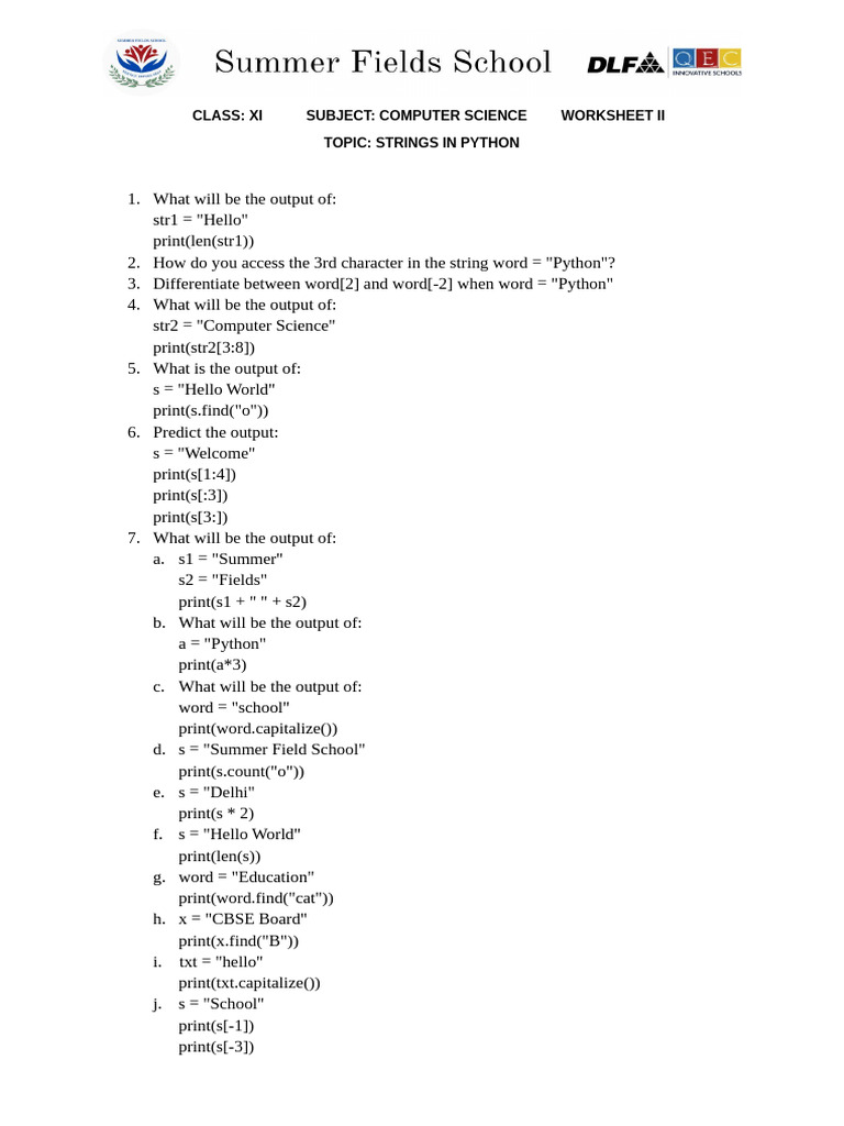 Python String Operations Worksheet | PDF