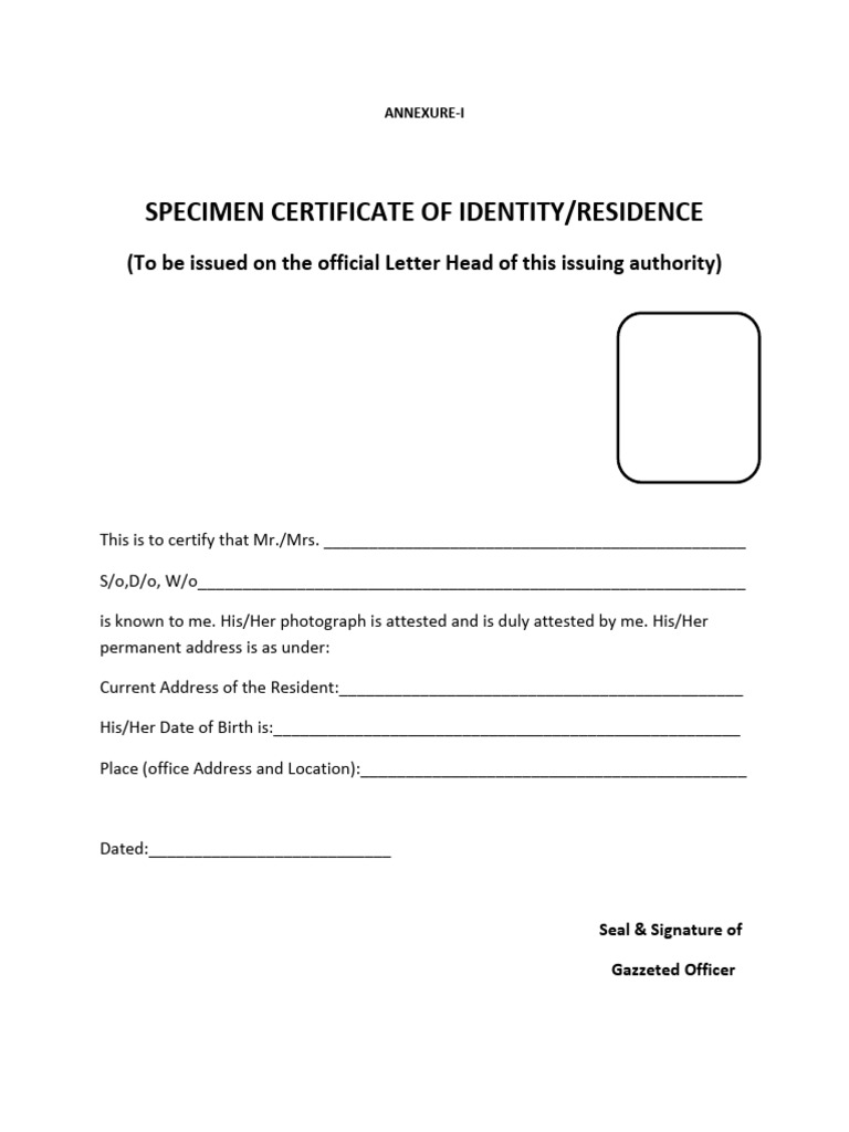 Specimen Identity/Residence Certificate | PDF