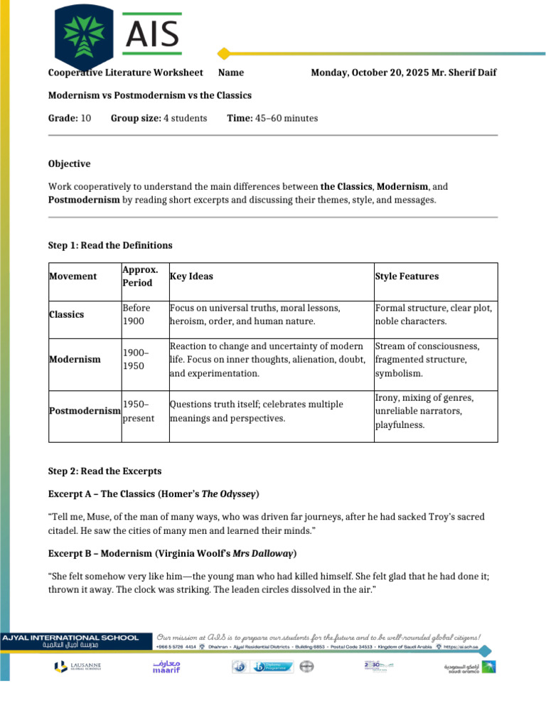 Modernism vs Postmodernism Worksheet | PDF | Postmodernism | Modernism