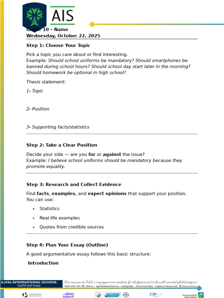 Grade 10 - Argumentative Essay Planning 22-10 | PDF