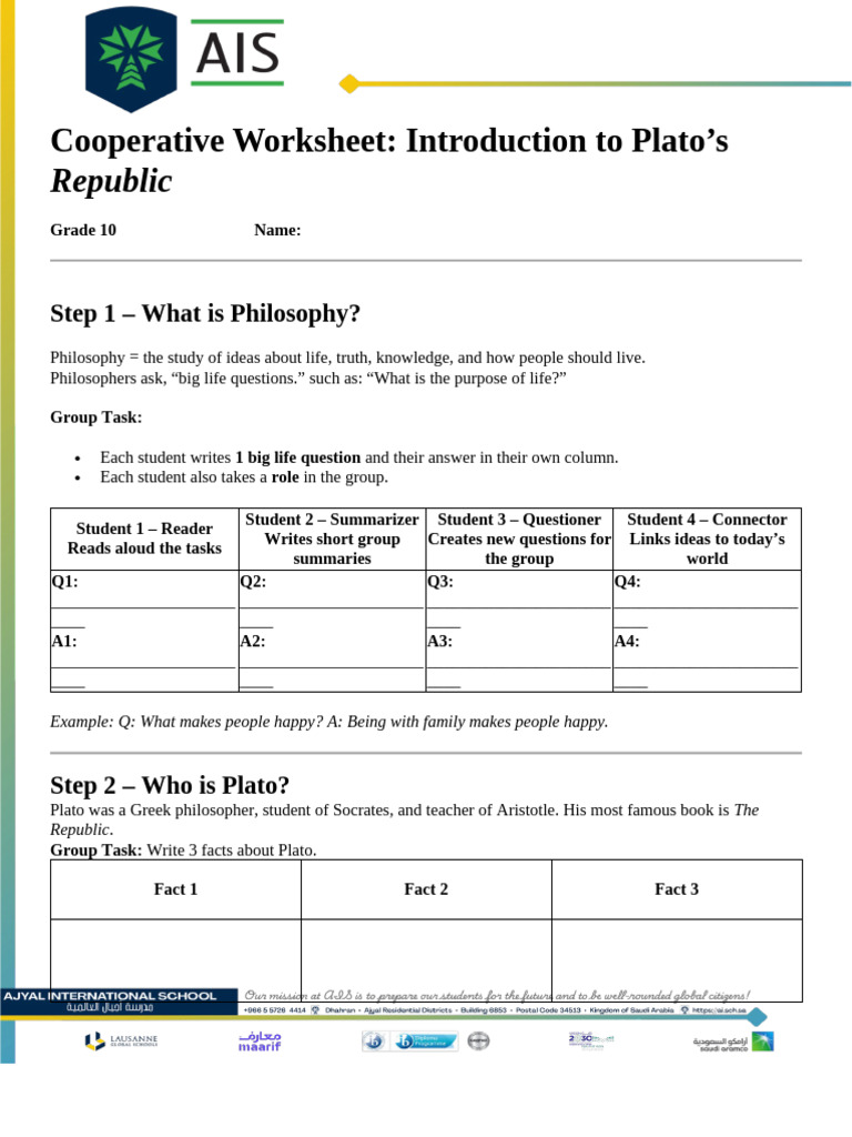 Introduction to Plato's Republic Worksheet | PDF | Plato | Socrates