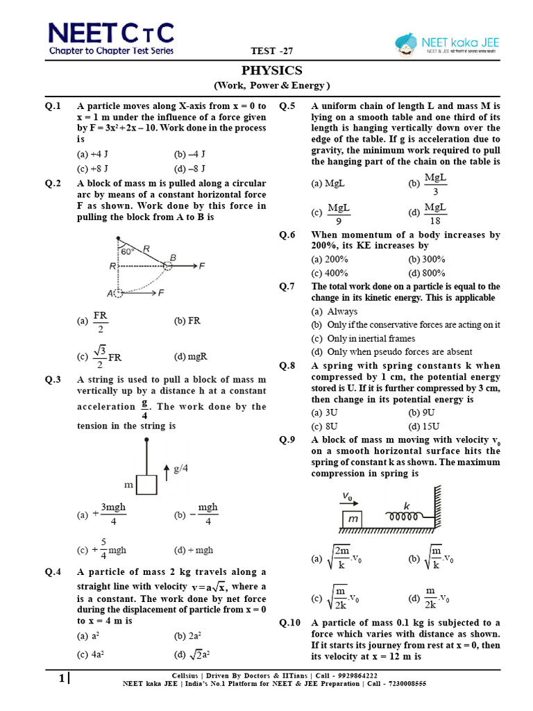 Work, Power & Energy Physics Test 27 | PDF | Force | Collision