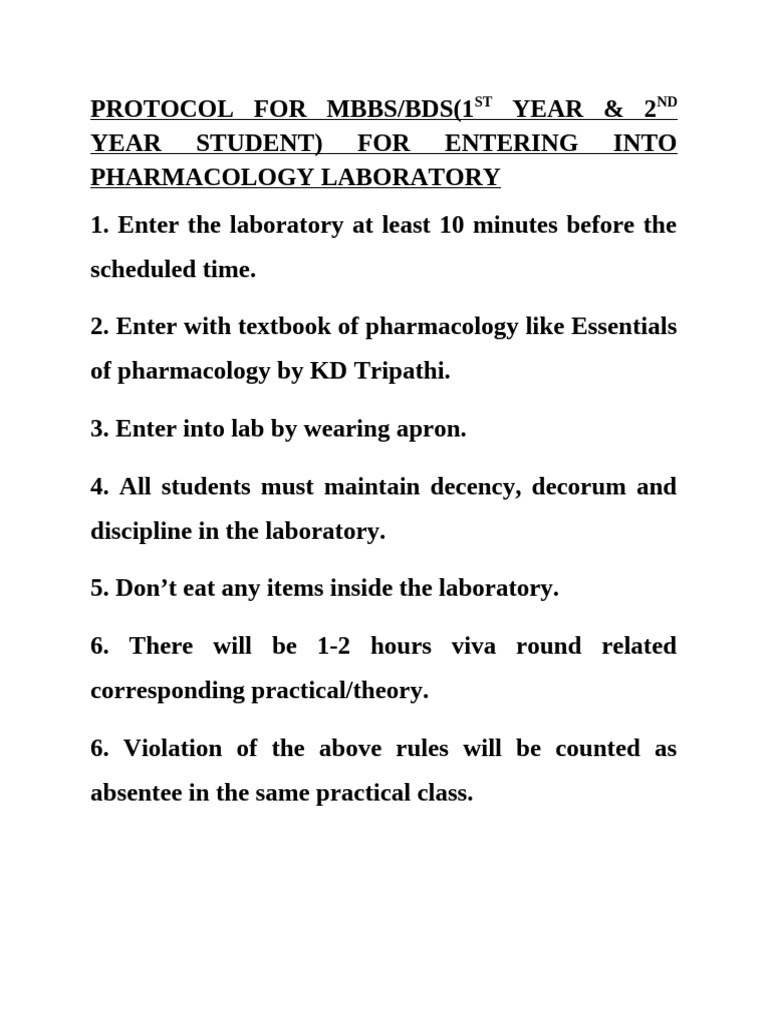 MBBS/BDS Pharmacology Lab Protocols | PDF