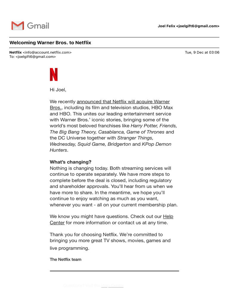 Netflix Acquires Warner Bros. Studios | PDF