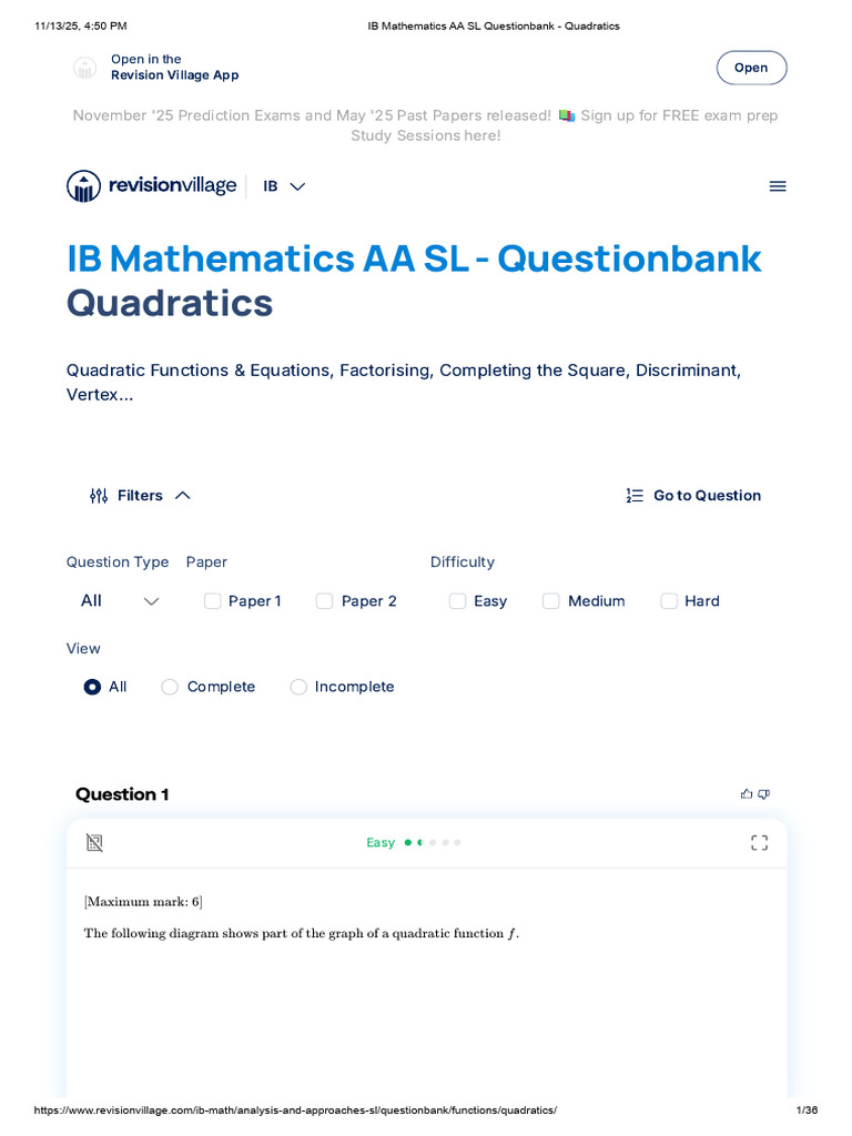 IB Math AA SL Quadratics Questionbank | PDF | Quadratic Equation ...