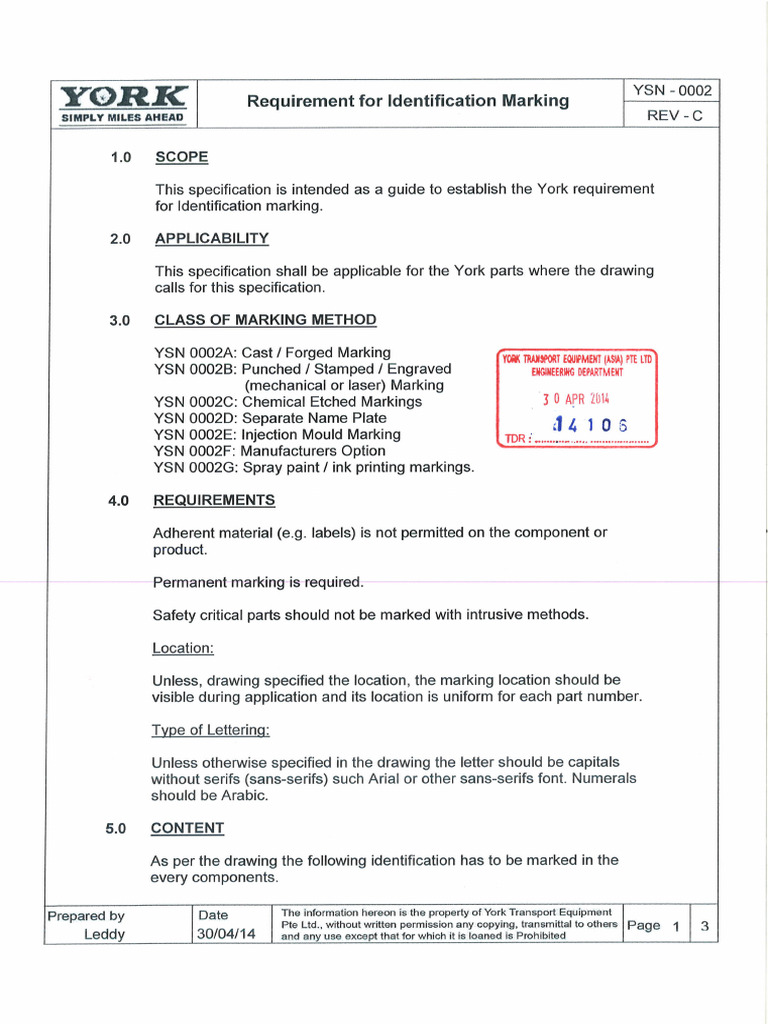 YSN-0002-C Requirement For Identification Marking | PDF