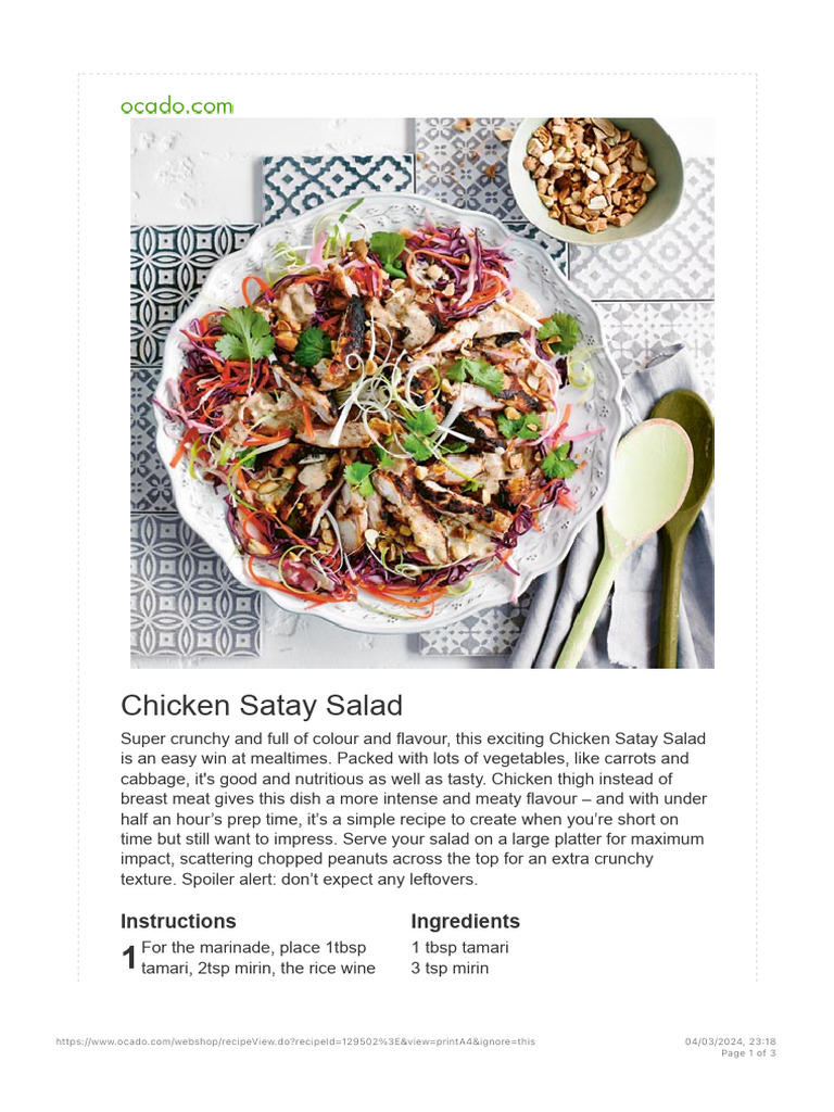 Ocado - Recipes - Chicken Satay Salad | PDF | Sauce | Salad