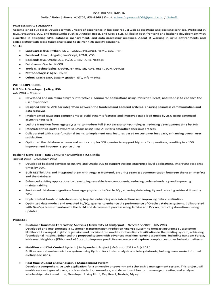 Full Stack Developer Resume Summary | PDF | Databases | Sql