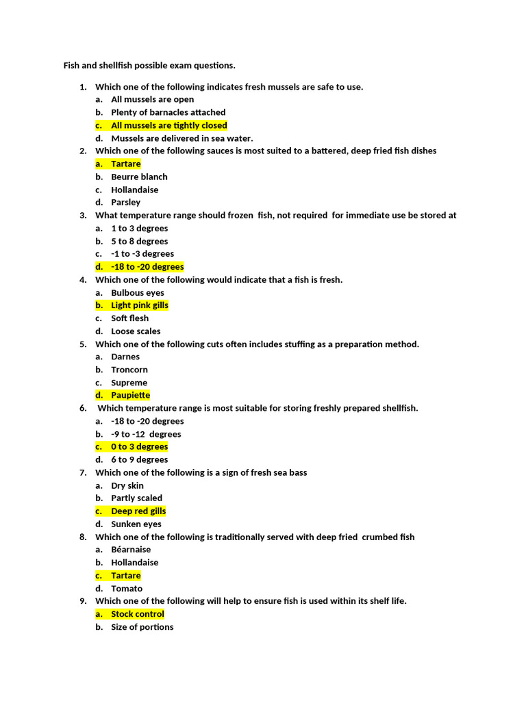 Fish and Shellfish Exam Questions Guide | PDF | Shellfish | Mussel