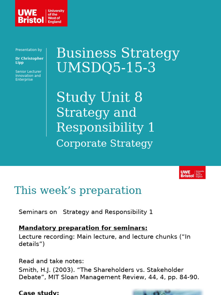 Study Unit 8 - Seminar Slides - Strategy and Responsibility 1 Corporate ...