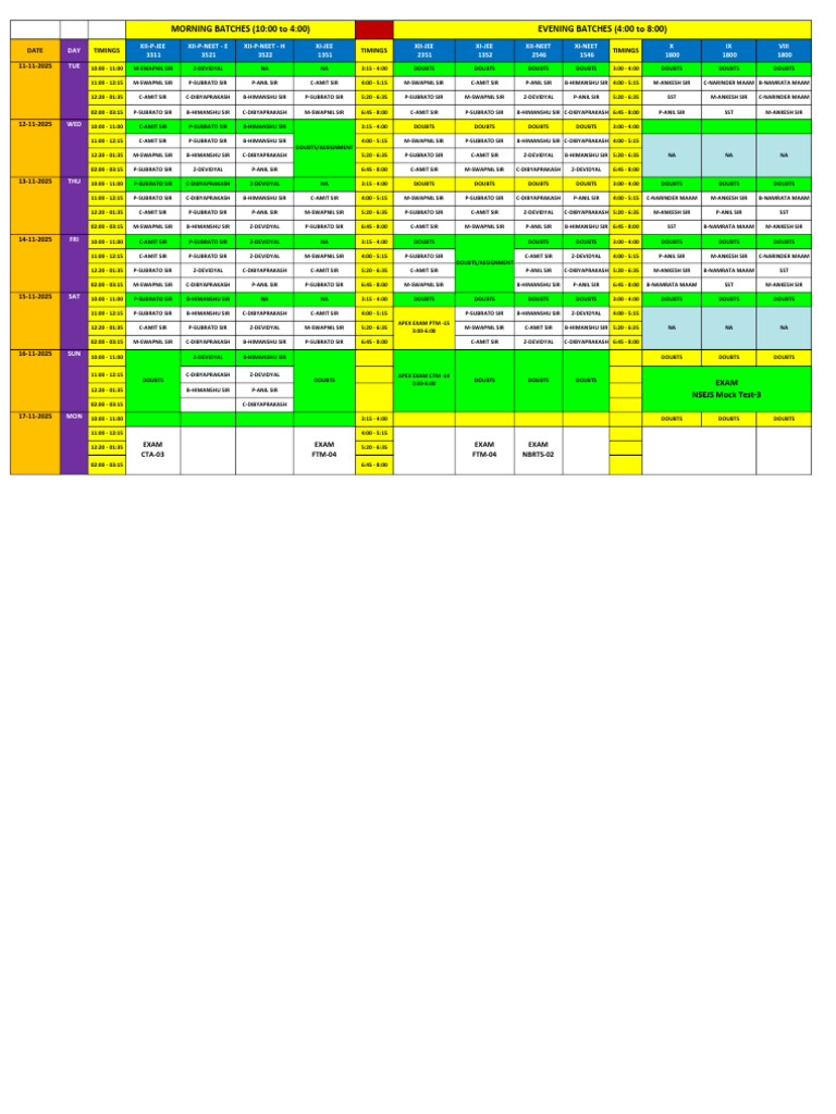 UPDATE BHOPAL BRANCH -TIME TABLE-11-11-25 TO 17-11-25 | PDF