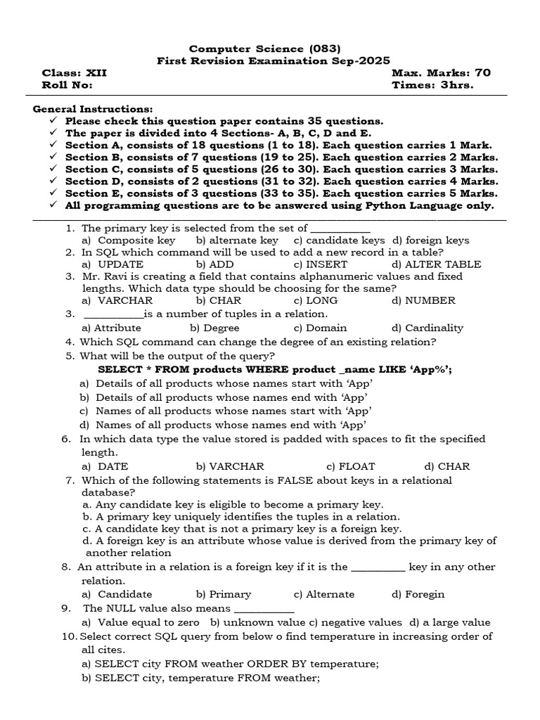 Computer Science Exam Paper 2025 | PDF | Data Model | Data Management