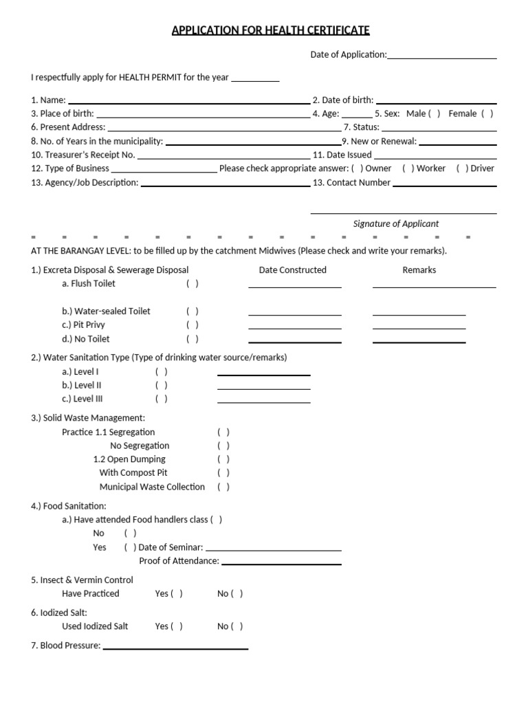 Application For Health Certificate | PDF | Sanitation | Toilet