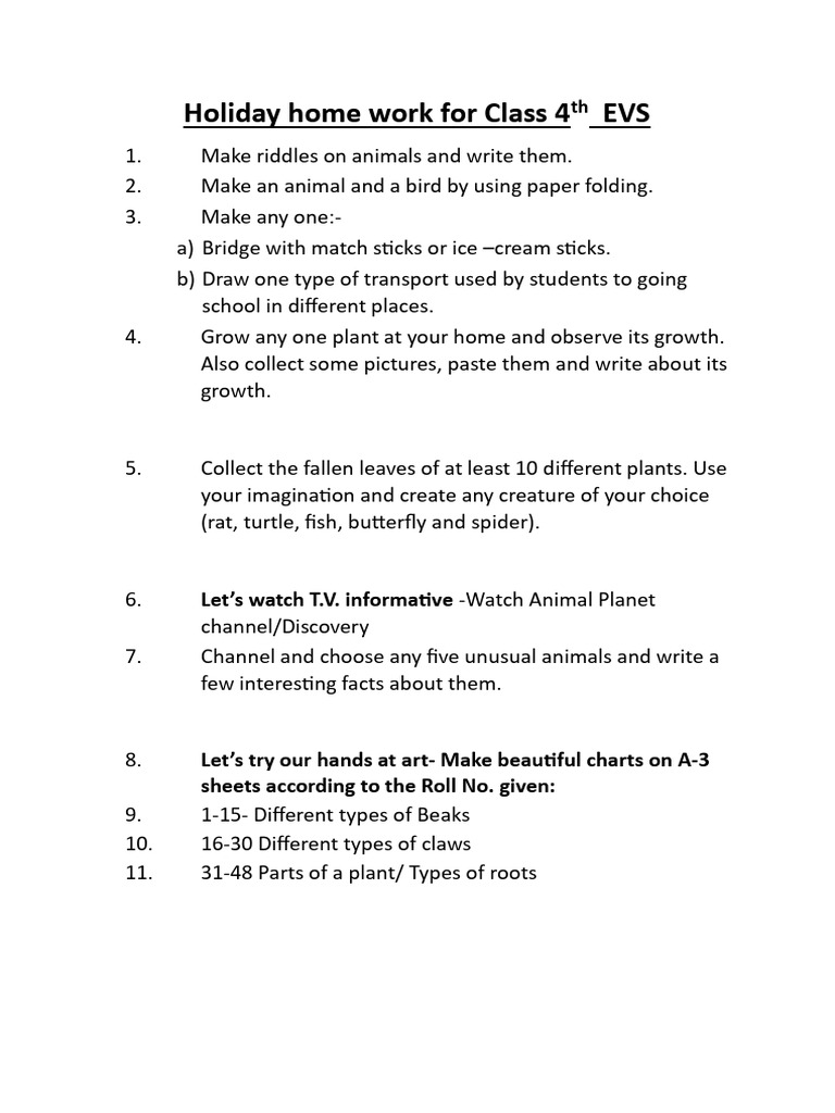 Class 4 EVS Holiday Homework Tasks | PDF