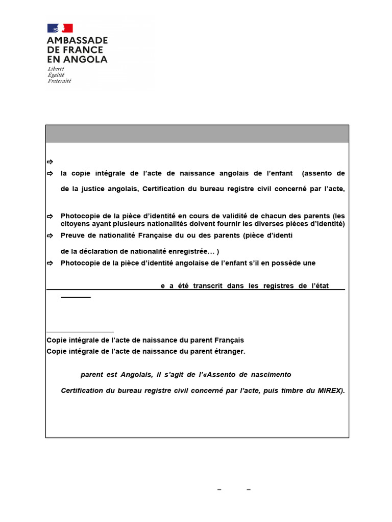 Documents pour transcription de naissance en Angola | PDF