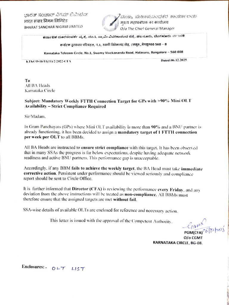 Mandatory Weekly BNU FTTH Target to BBMs | PDF
